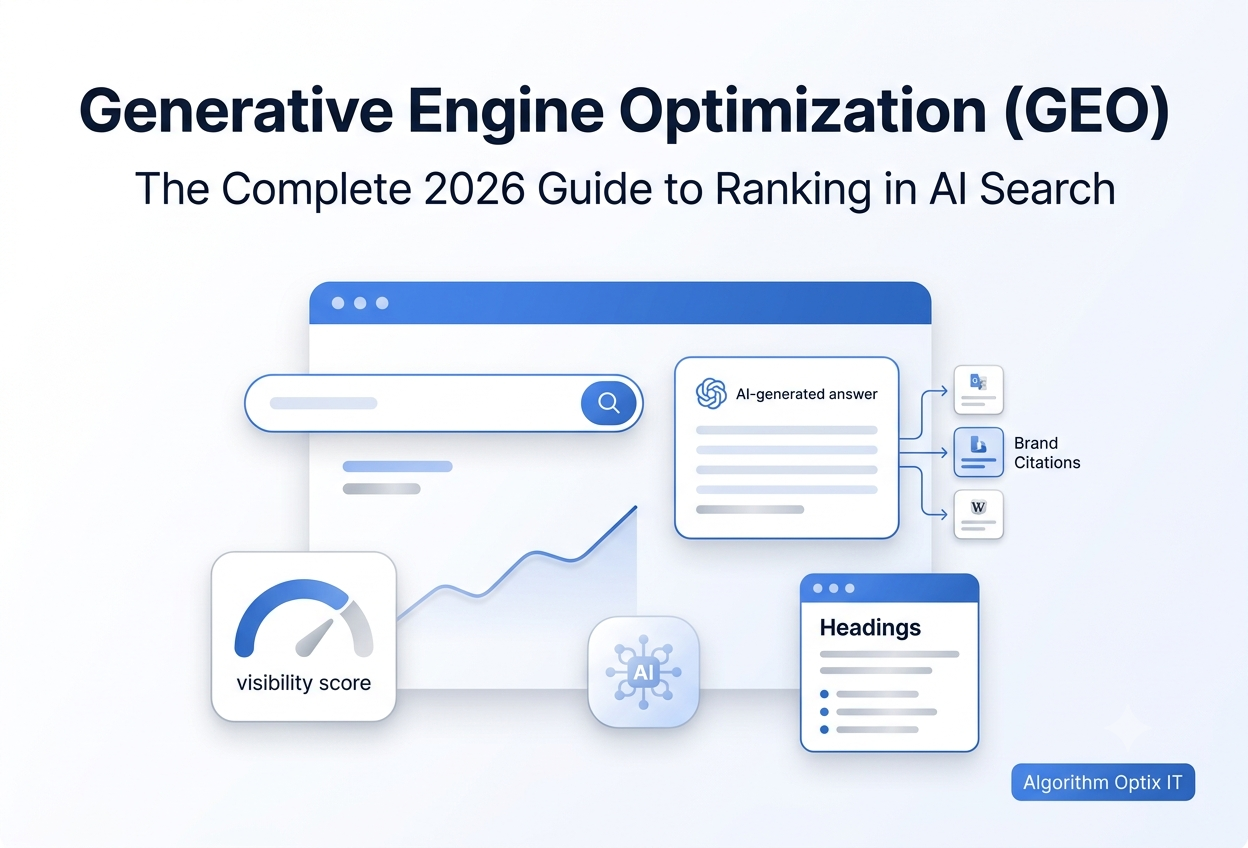 Generative Engine Optimization (GEO) strategy dashboard showing AI search citation growth and SEO analytics